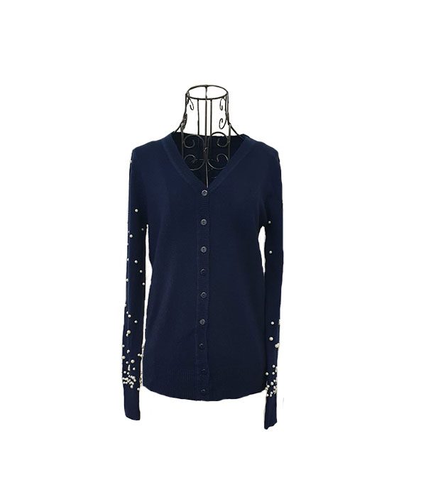 Navy Pearl Sleeve Button Up Cardigan