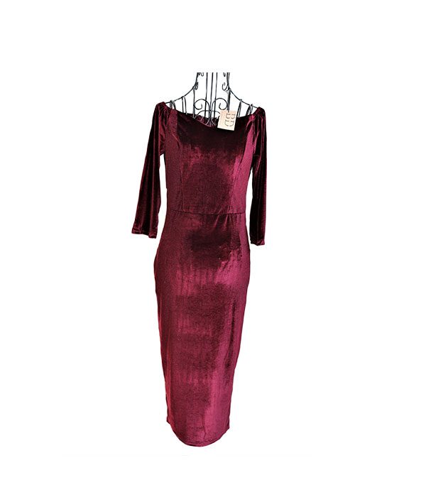 Burgundy velvet dress-sheer velvet dress